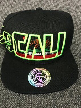 Cali California Republic Bear Snapback Black Neon Green Hat Baseball Cap